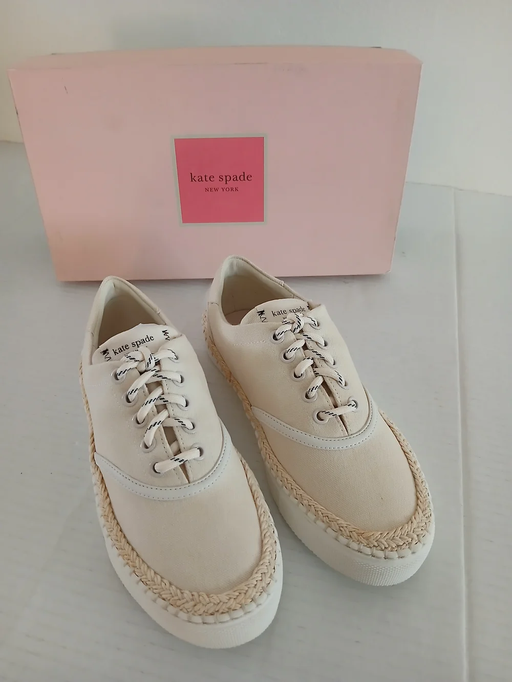 kate spade New York Cream Lace-Up Espadrille-Trim Sneakers Size 5B $45